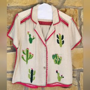 Embroidered Cactus Cream Top